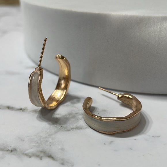 White Enamel Gold Hoops - Picture 9 of 11